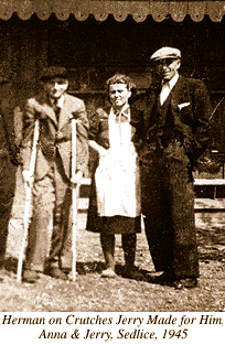 Photograph of Anna andJerry Chlup with Herman Feder on Crutches Jerry Made for Him, Sedlice, 1945