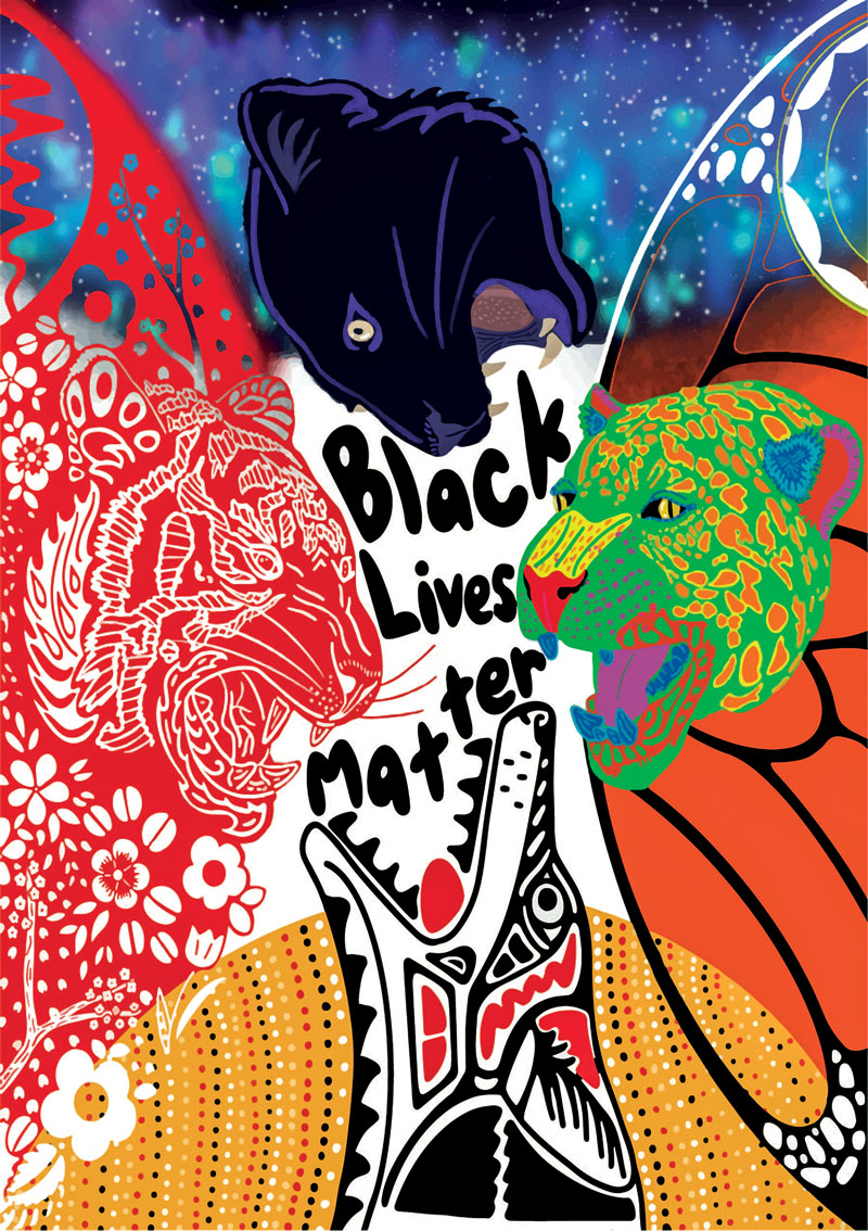 illustration with three types of cats, each colored differently and a dog at the bottom, with black lives matters in the middle