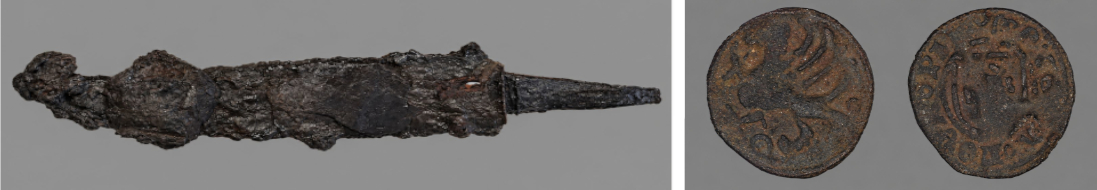 Archaeological artifacts - metal blade and coins