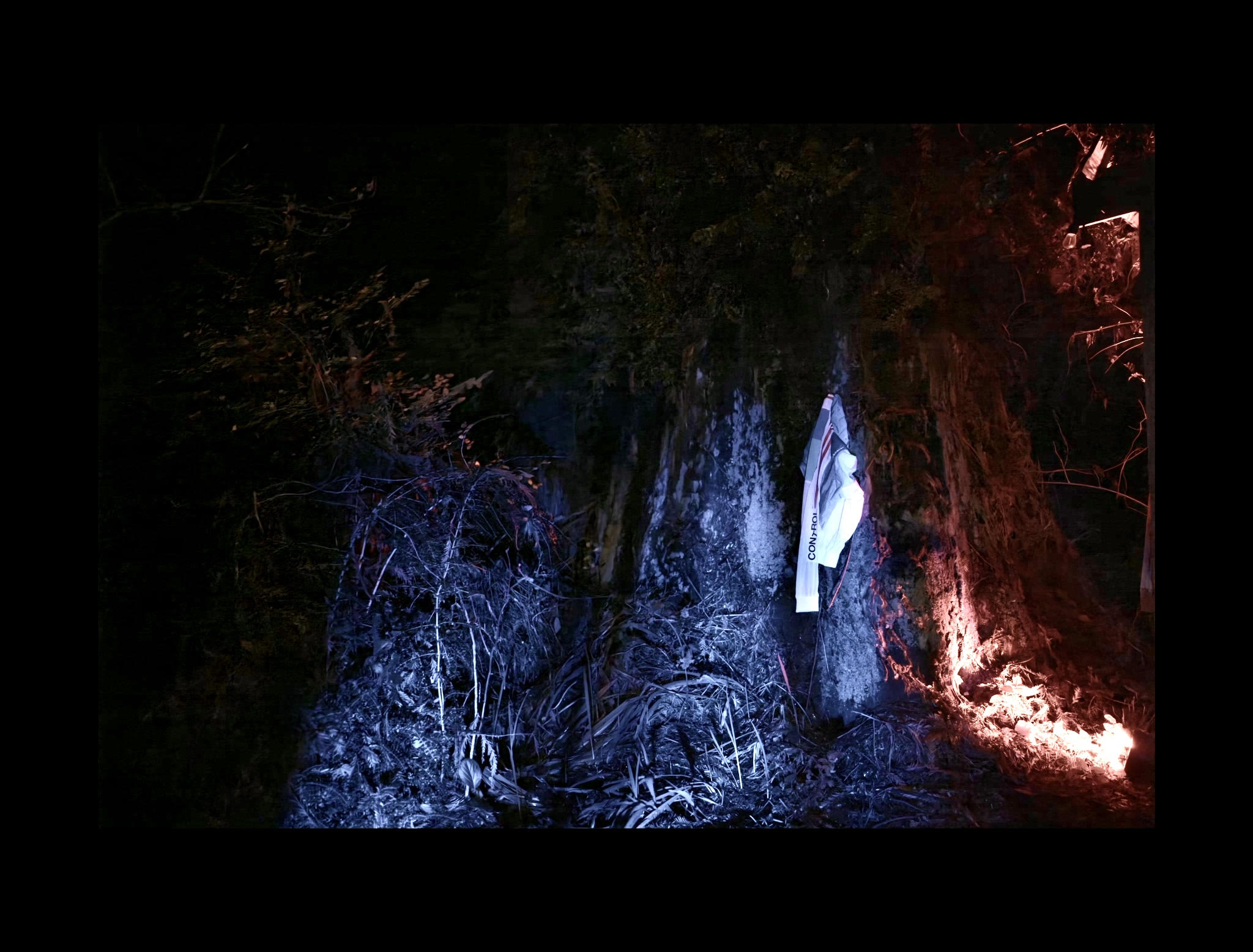 dark landscape with white light and warm light with trees and a jacket in the foreground