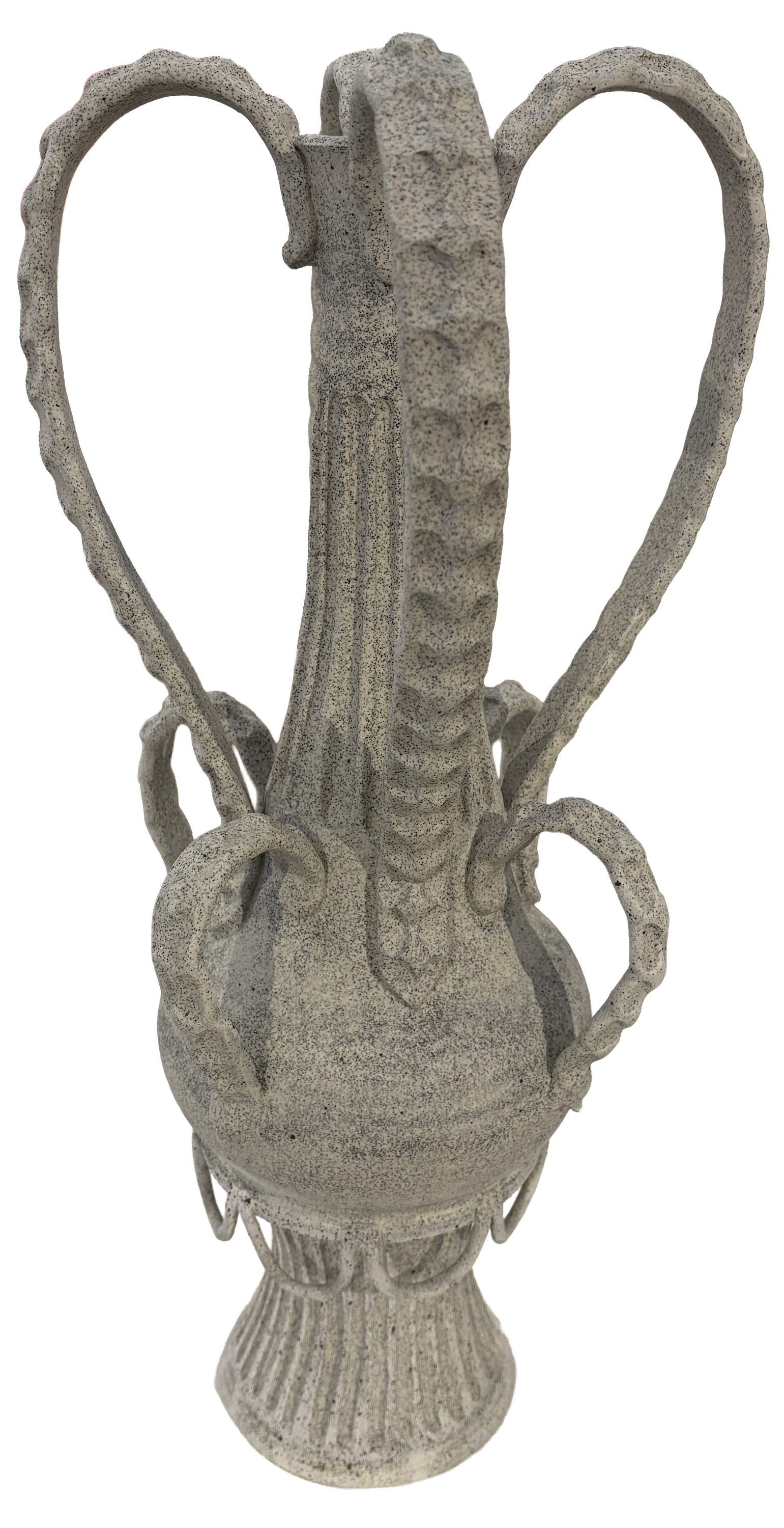 ceramic vase with wide sweeping handles, in a grey speckled surface