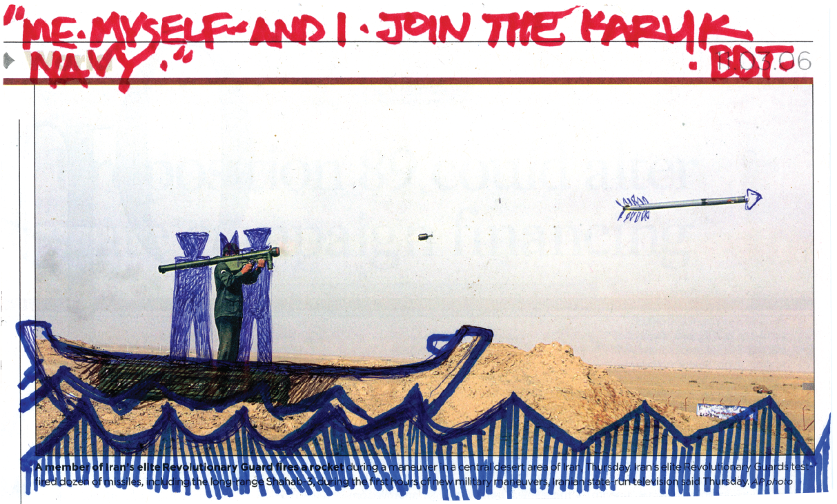 Me myself and I join the Karuk Navy drawn on a magazine page with sharpie.