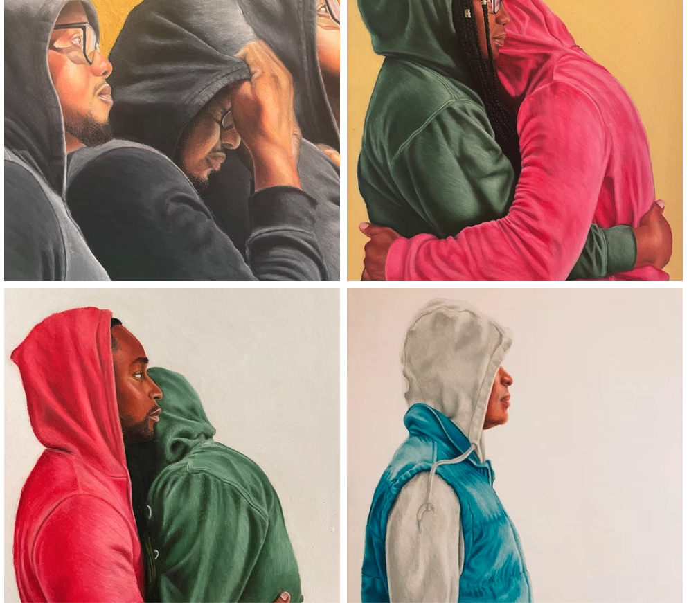 four portraits of people of color in different colored hoodies, looking in profile
