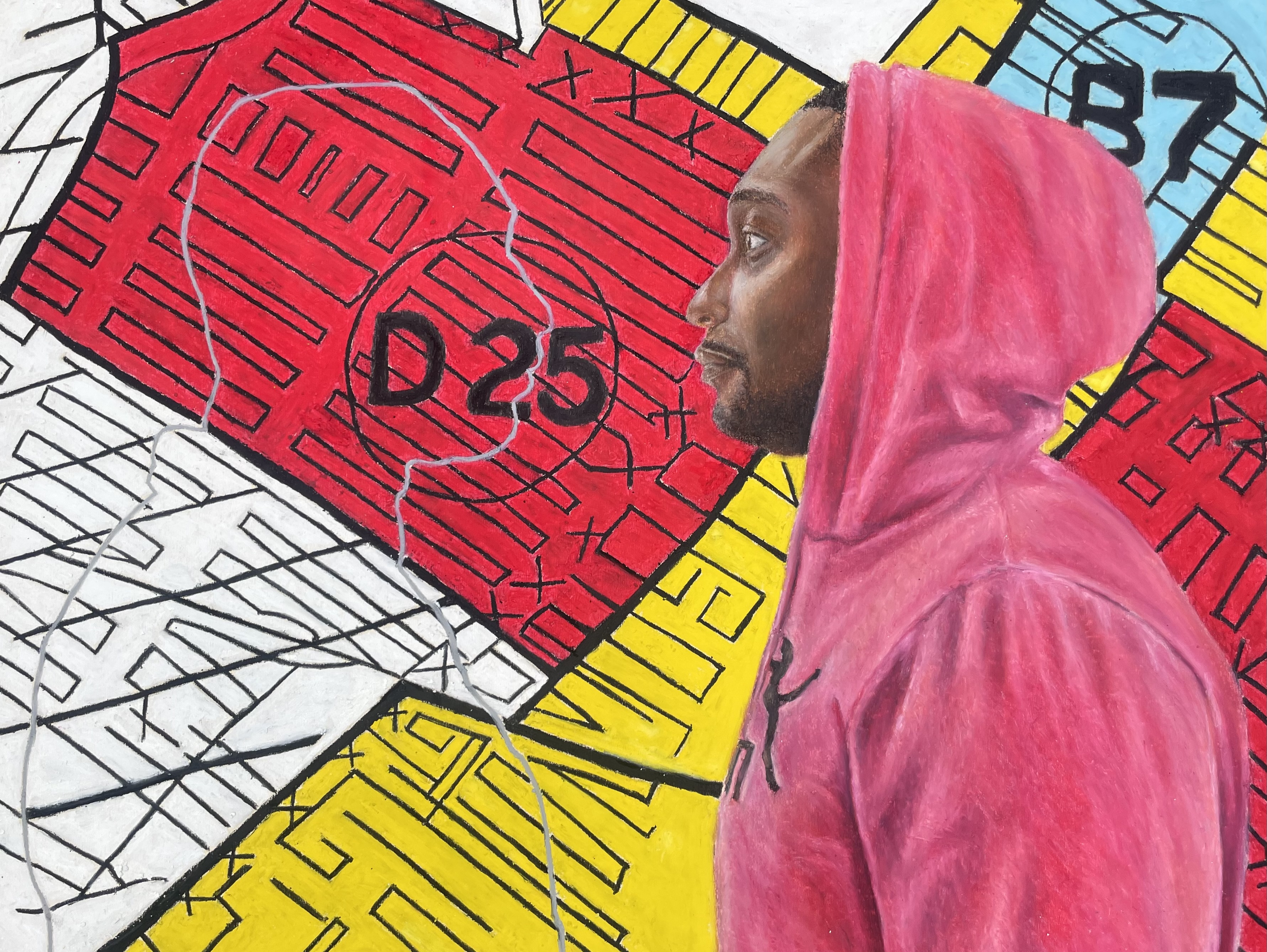 Oil pastel work by Kirk Maynard, a Black man is in a red hoodie shown in profile, with a white outline of a figure facing him. view of maps in background