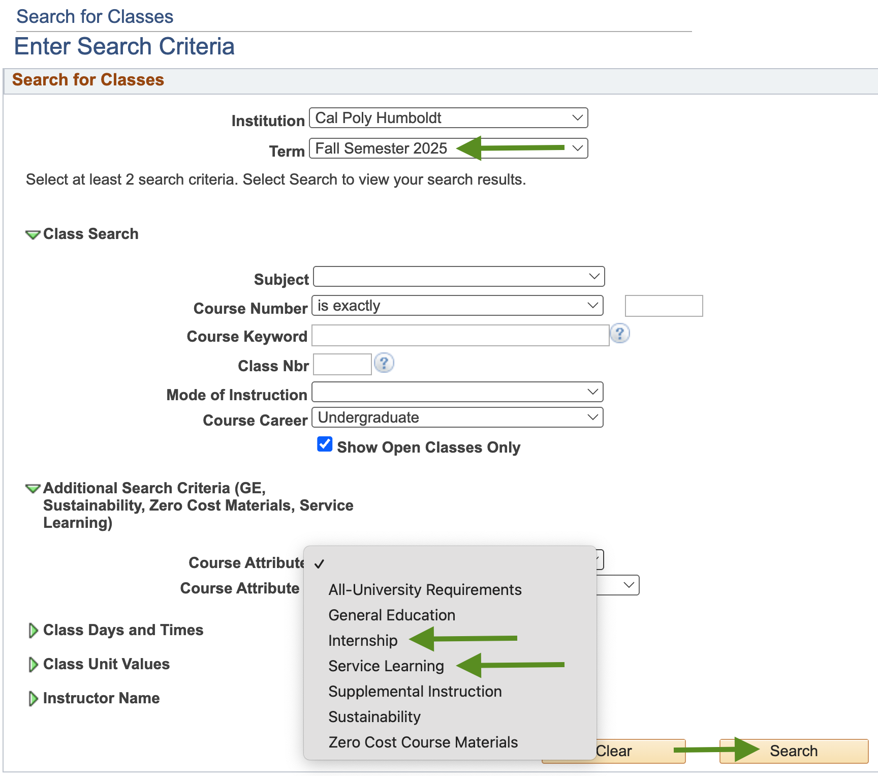 Service Learning and Internship class search criteria