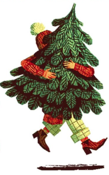 Digital graphic of a person in winter clothes skipping happily while carrying a douglas fir christmas tree
