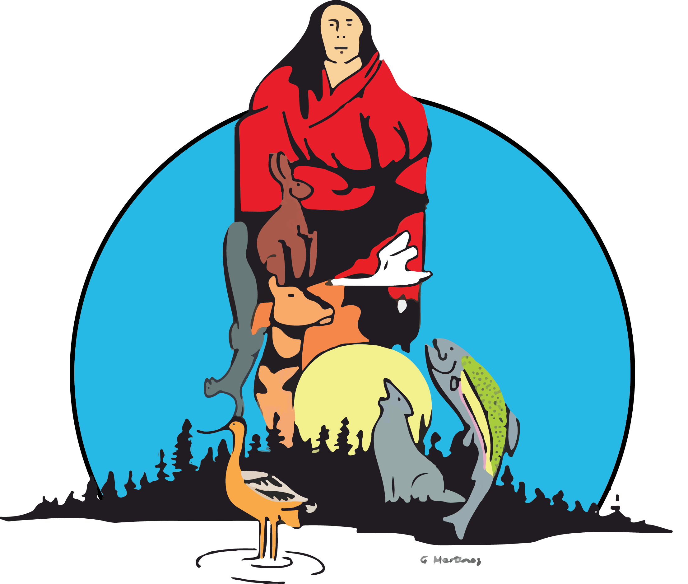 Logo for the Native American Fish and Wildlife Society. The silhouette of a man wearing red is overshadowed by elk, rabbit, pronghorn, salmon, wolf howling at the moon, and an avocet.