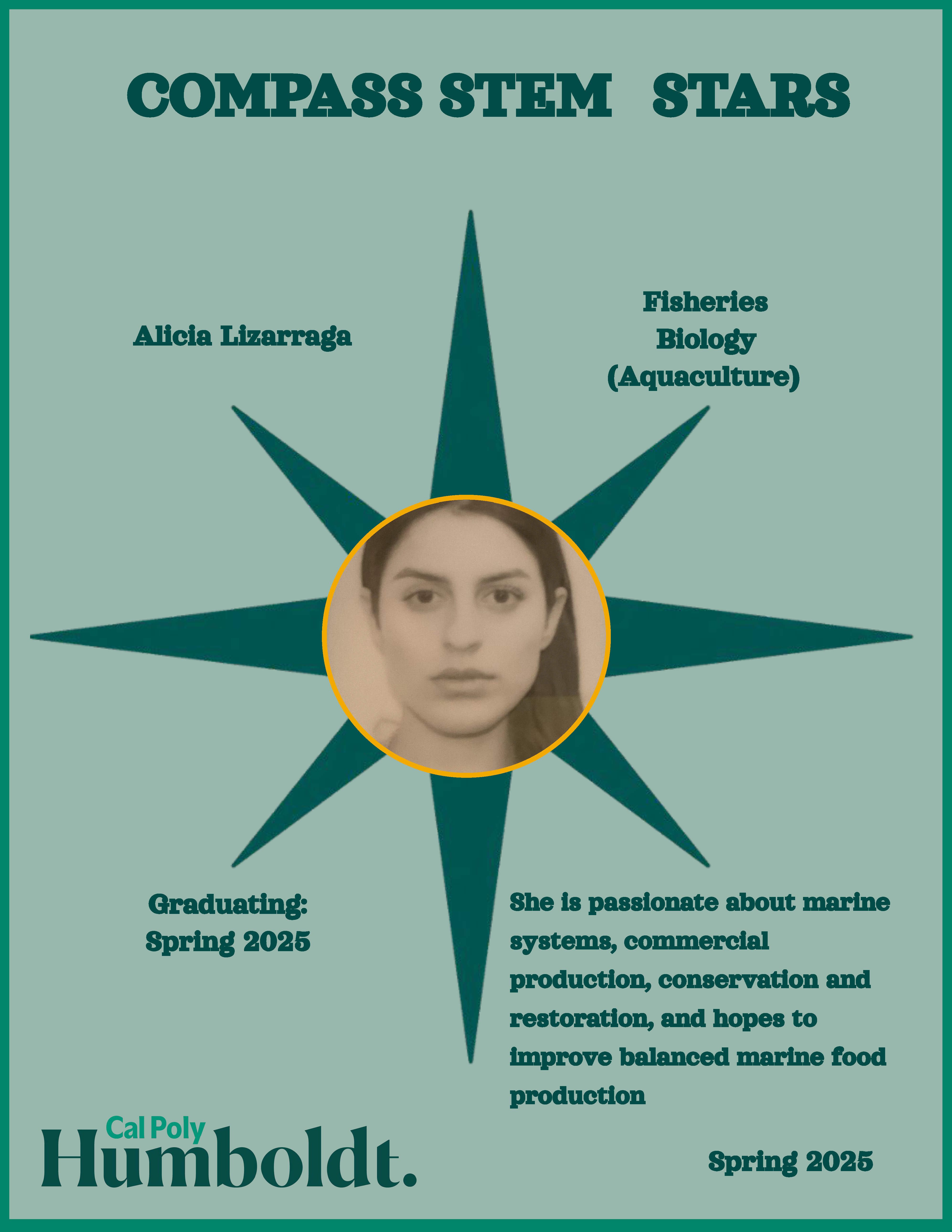 A green compass with an image of a woman's face with long dark hair with text overlay COMPASS STEM STARS, Cal Poly Humboldt 2025.