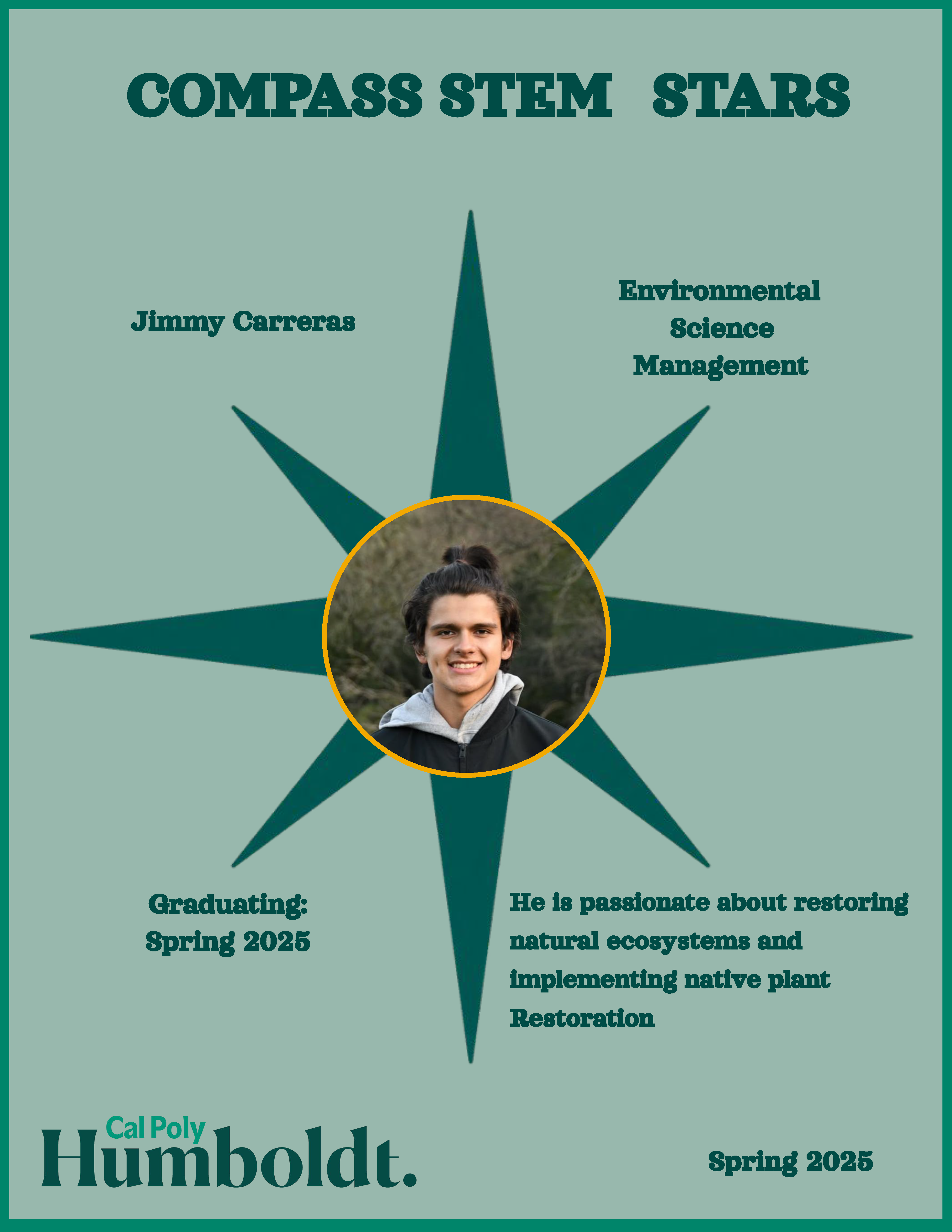 A green compass with an image of a man's face with dark hair and a ponytail with text overlay COMPASS STEM STARS, Cal Poly Humboldt 2025