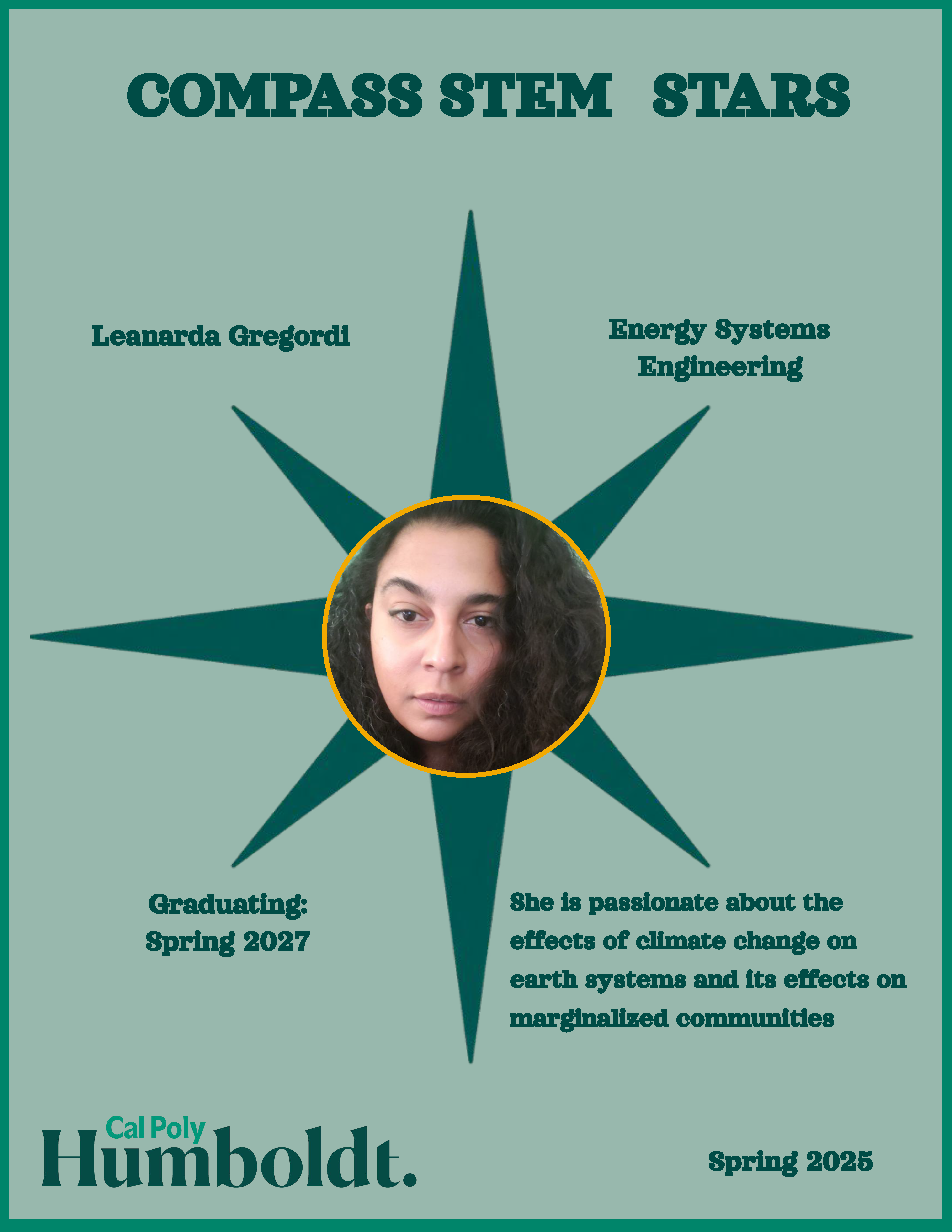 A green compass with an image of a woman's face with dark hair with text overlay COMPASS STEM STARS, Cal Poly Humboldt 2025.