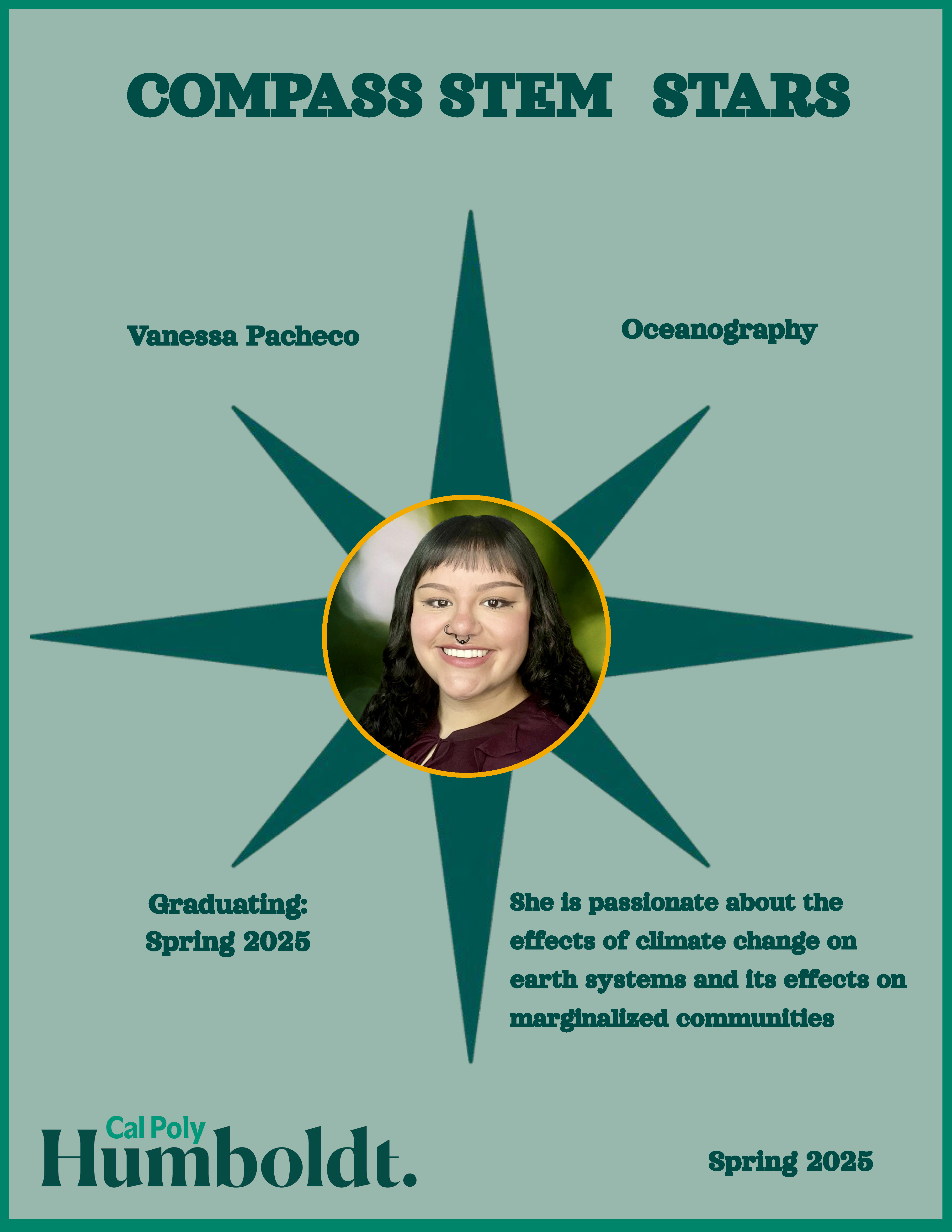 A green compass with an image of a woman's face with long dark hair and a nose ring with text overlay COMPASS STEM STARS, Cal Poly Humboldt 2025.