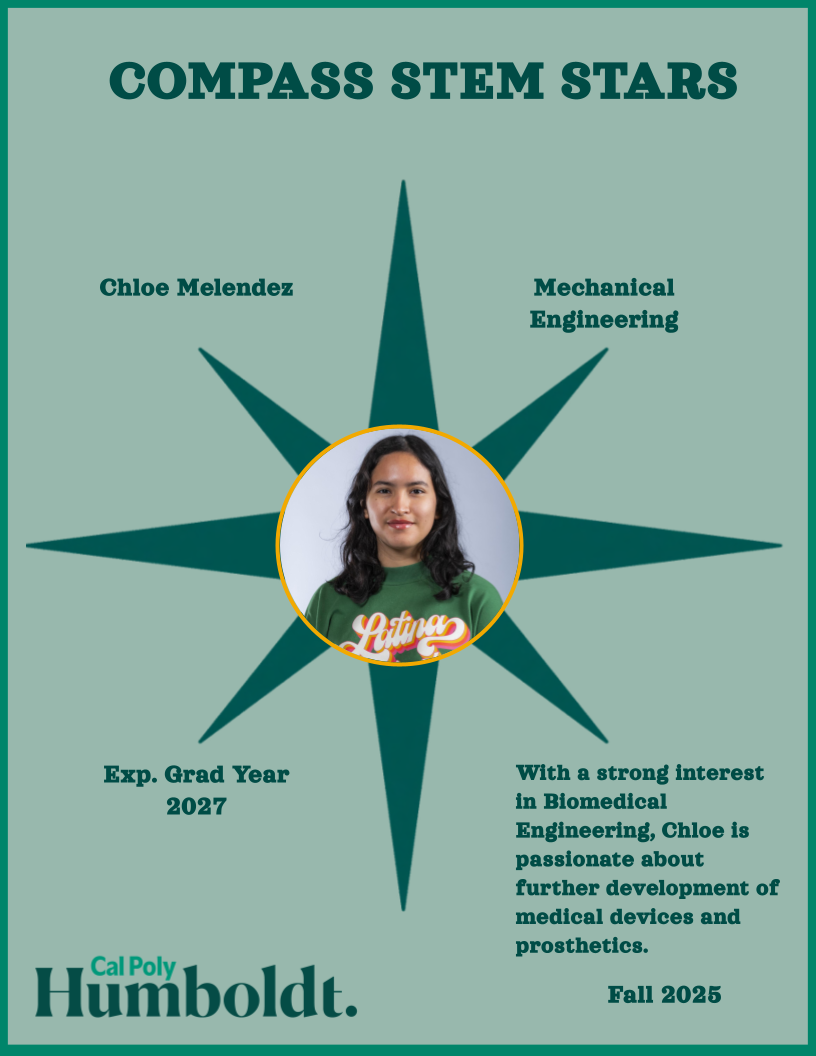 A green compass with an image of a woman's face with long dark hair with text overlay COMPASS STEM STARS, Cal Poly Humboldt 2025, Chloe Melendez, Mechanical Engineering, graduating 2027 