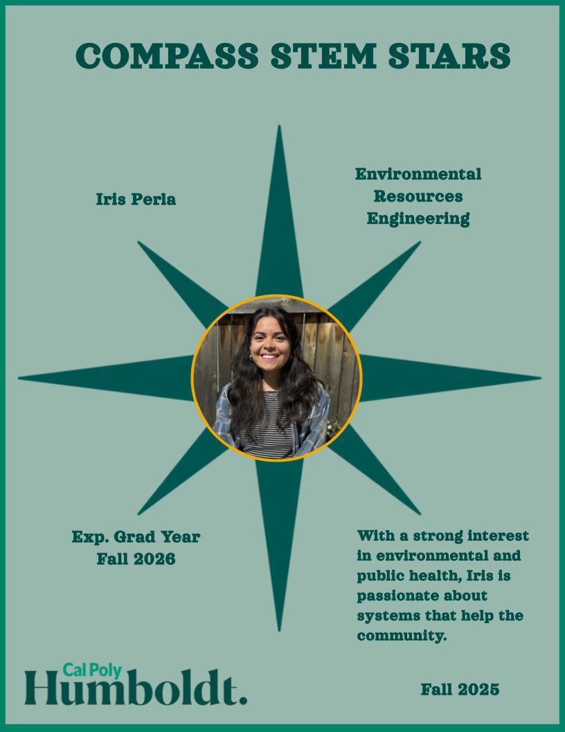 A green compass with an image of a woman's face with long dark hair with text overlay COMPASS STEM STARS, Cal Poly Humboldt 2025, Iris Perla, Environmental Resources Engineering, graduating 2026 