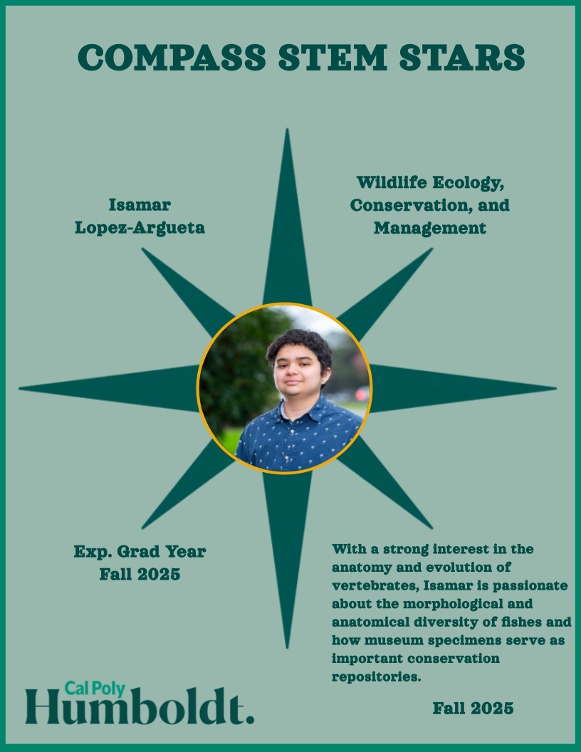 A green compass with an image of a latinx man's face with dark hair with text overlay COMPASS STEM STARS, Cal Poly Humboldt 2025, Isamar Lopez-Argueta, Wildlife Ecology, Conservation, and Management, graduating 2026