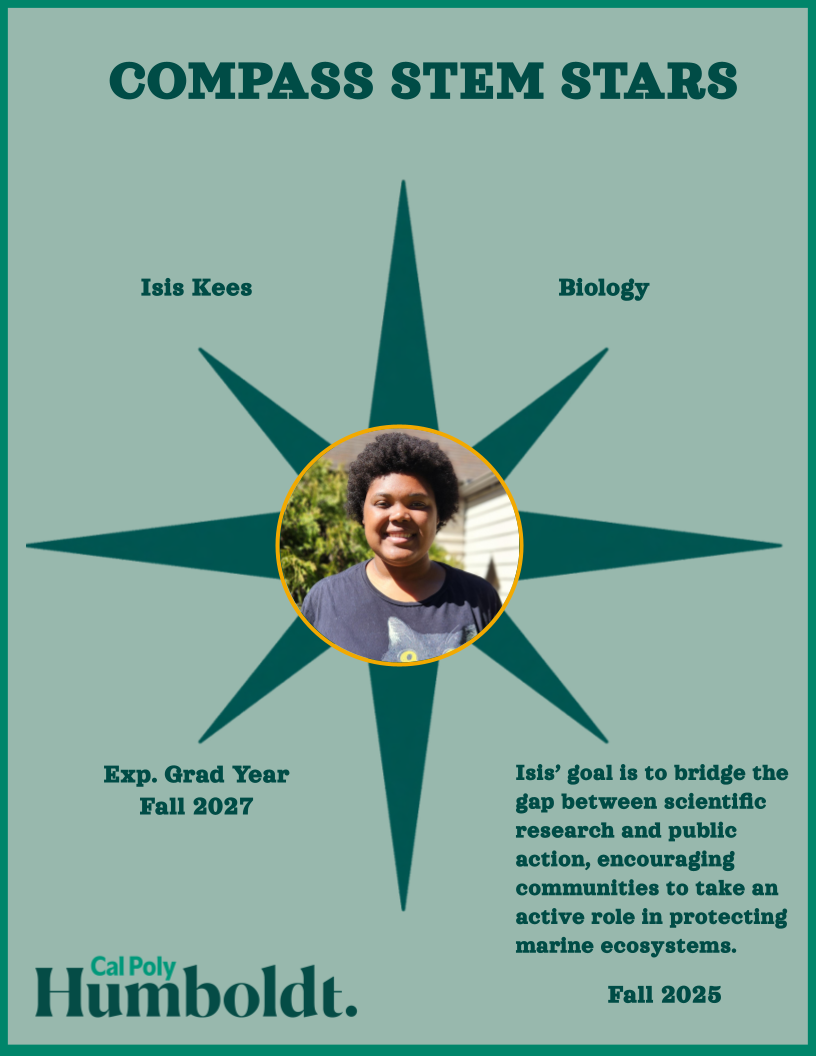 A photo of a black woman in a blue shirt surrounded by a green star with text around the star which reads: COMPASS STEM STARS, Fall 2025, Isis Kees, Biology,Isis’ goal is to bridge the gap between scientific research and public action, encouraging communities to take an active role in protecting marine ecosystems.