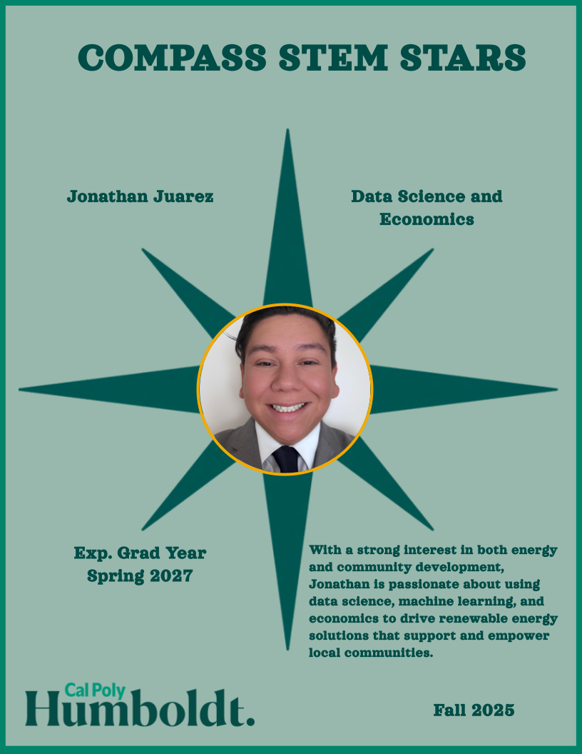 A green compass with an image of a man's face with short dark hair, suit and tie, with text overlay COMPASS STEM STARS, Cal Poly Humboldt Fall 2025, Jonathan Juarez, Data Science and Economics, With a strong interest in both energy and community development, Jonathan is passionate about using data science, machine learning, and economics to drive renewable energy solutions that support and empower local communities, graduation spring 2027 