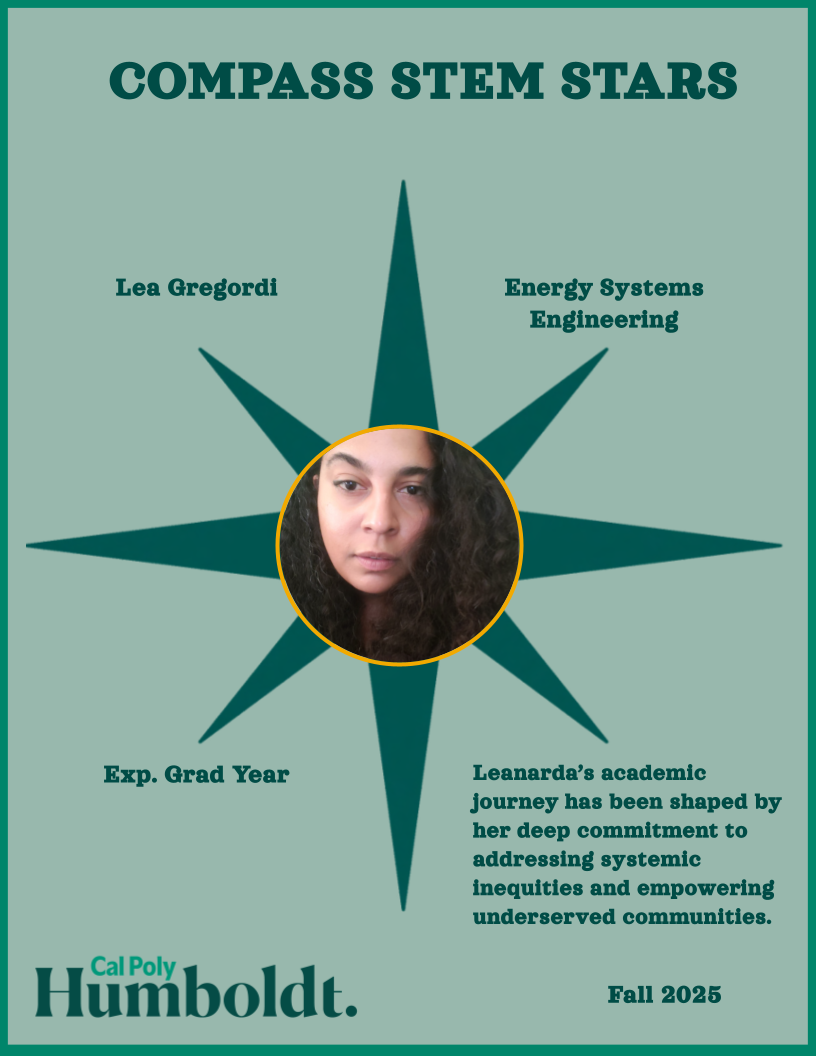 A green compass with an image of a pale woman's face with long dark hair with text overlay COMPASS STEM STARS, Cal Poly Humboldt 2025, Lea Gregordi, Energy Systems Engineering,