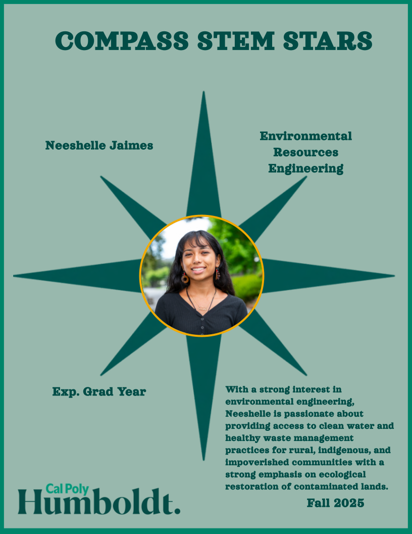 A green compass with an image of a woman's face with long dark hair with text overlay COMPASS STEM STARS, Cal Poly Humboldt 2025, Neeshelle Jaimes, Environmental Resources Engineering
