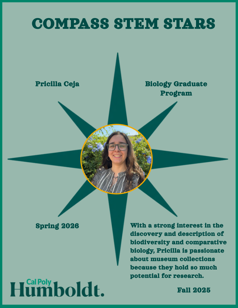 A green compass with an image of a pale woman's face with long brown hair and glasses with text overlay COMPASS STEM STARS, Cal Poly Humboldt 2025, Pricilla Ceja, Biology Graduate Program, graduating 2026