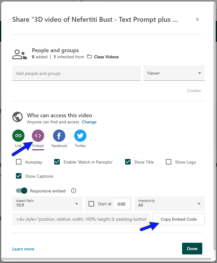 Panopto Share Popup window