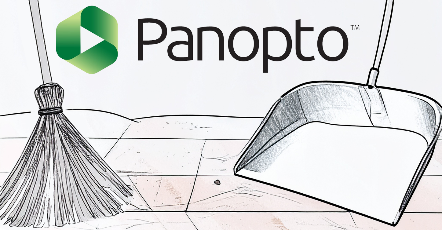 Panopto Logo with AI created line drawn broom and dustpan using Adobe Firefly