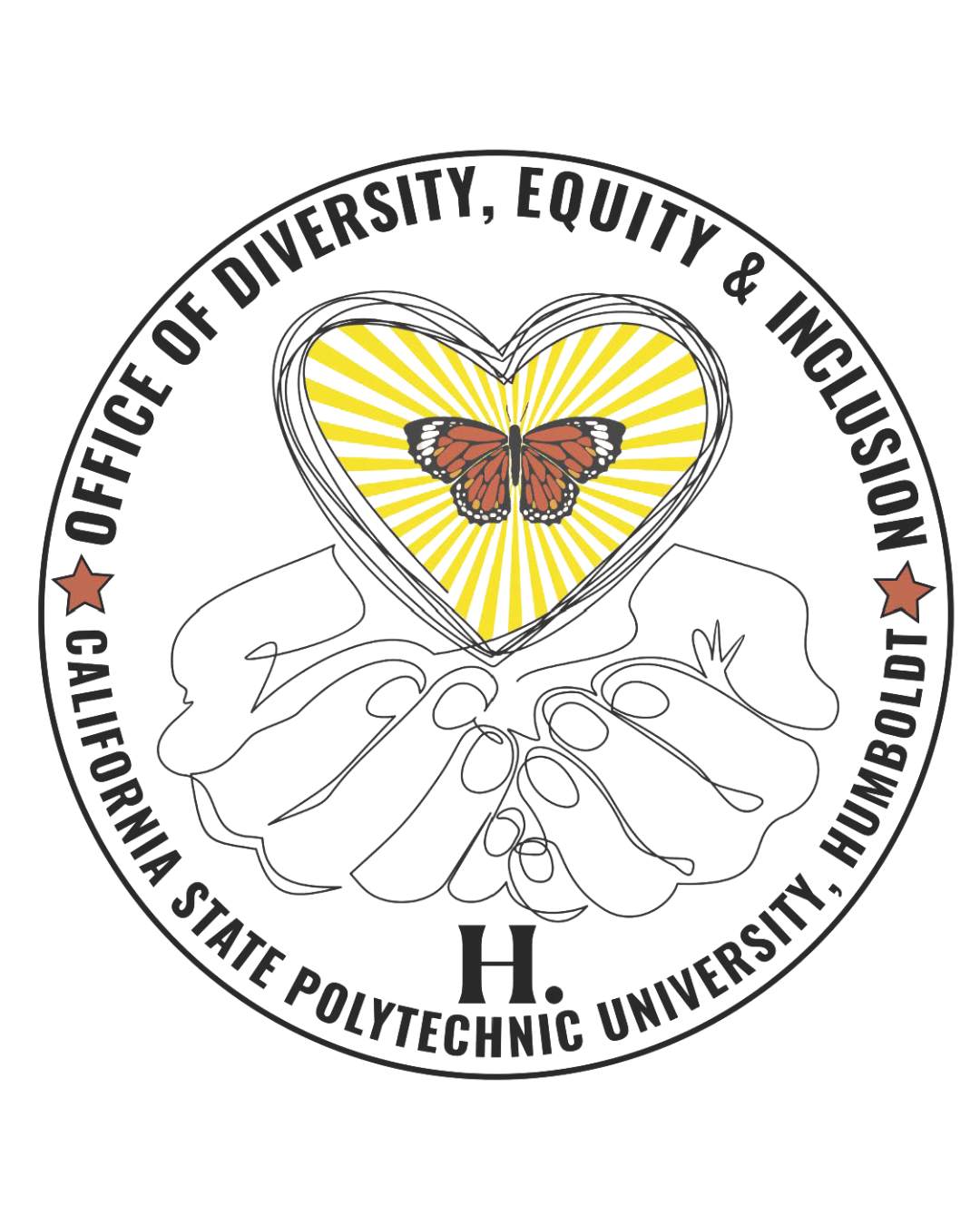 Circular emblem with hands forming a heart around a Monarch butterfly and yellow rays, surrounded by ODEI title and Cal Poly Humboldt name.