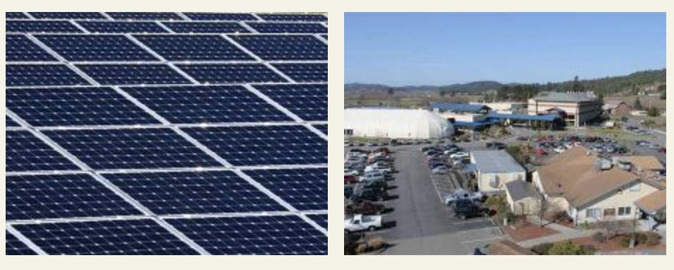 Closeup of a Photovoltaic array and Aerial Photo of the BLR Hotel and Casino
