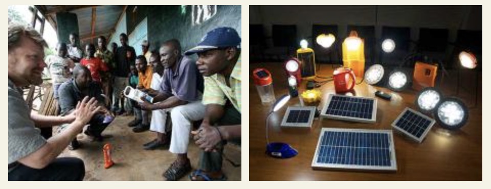 Professor Arne Jacobson working on site in Kenya and A selection of solar LED lighting devices