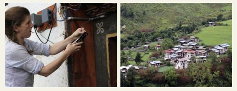 A graduate student installs a mini-grid device on a house in Bhutan and A distant view of the small rural village of Rukubji, Bhutan and the surrounding hills and fields
