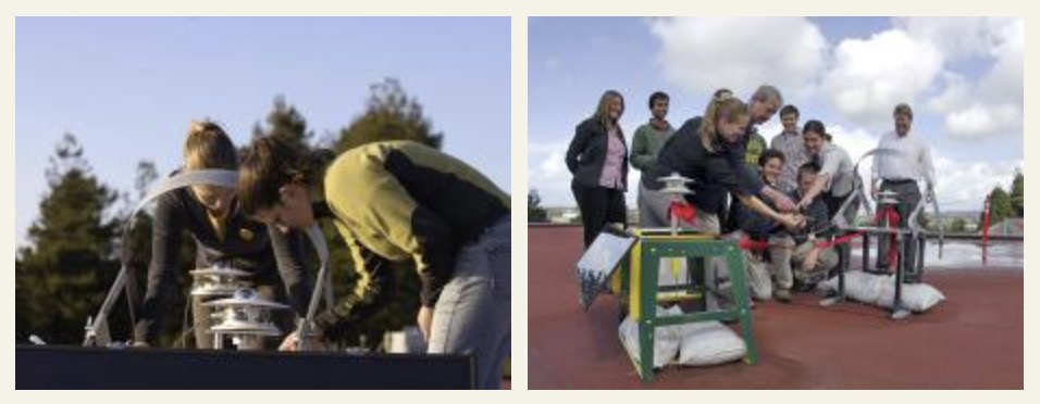 Graduate students Juliette and Andrea working on SoRMS instruments on the roof and A group of dignitaries cut a ribbon at the SoRMS dedication ceremony