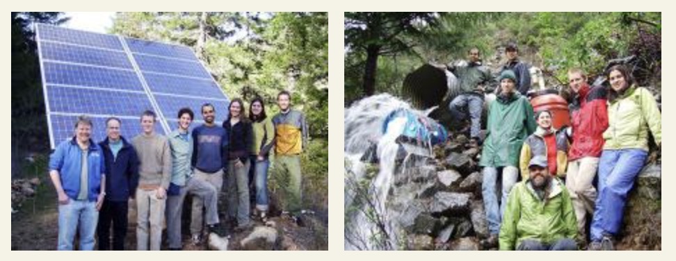 A group of students pose with the Rock Creek PV array and A group of students pose near the water pouring out of a culvert pipe