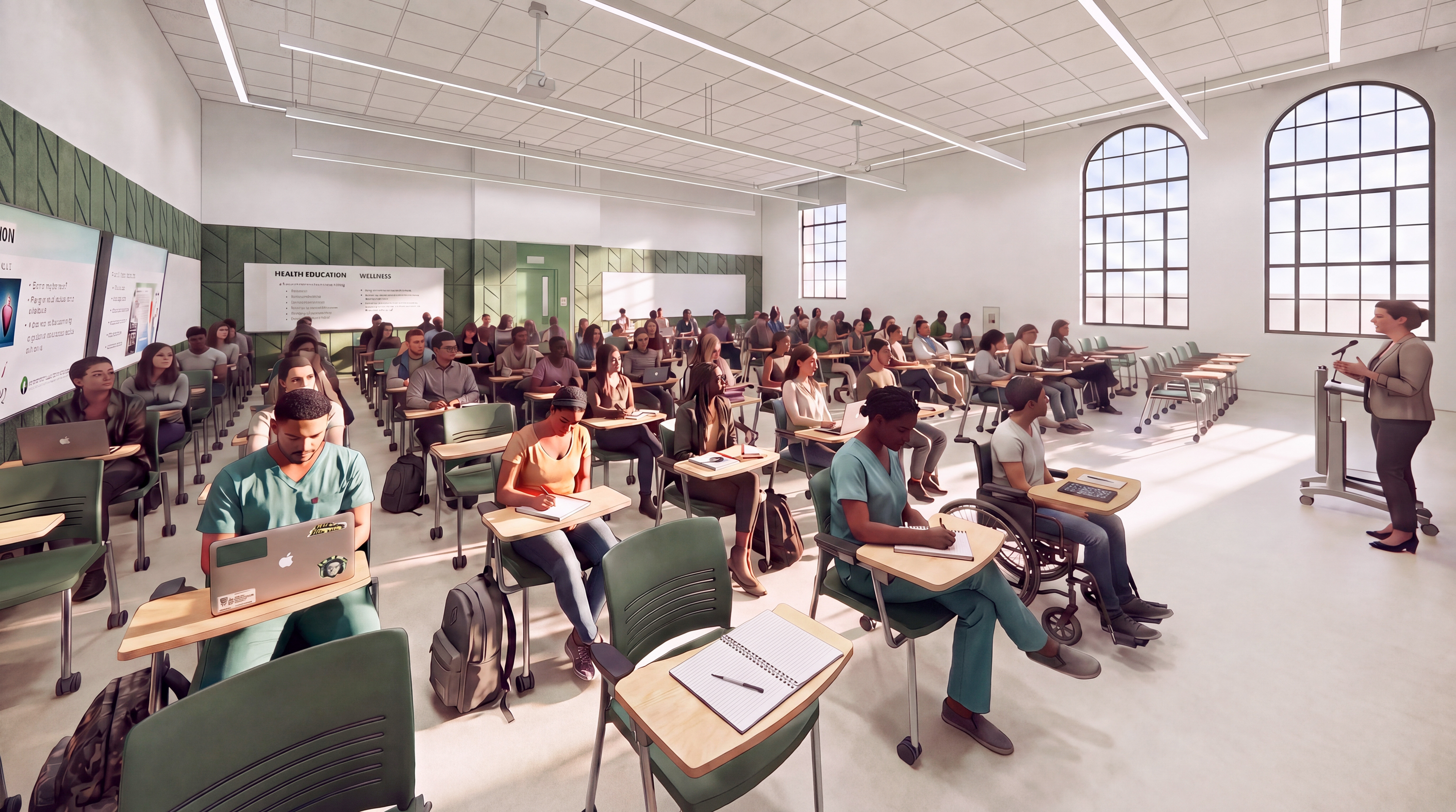 Rendering of a new Health Education Hub classroom space with students at desks