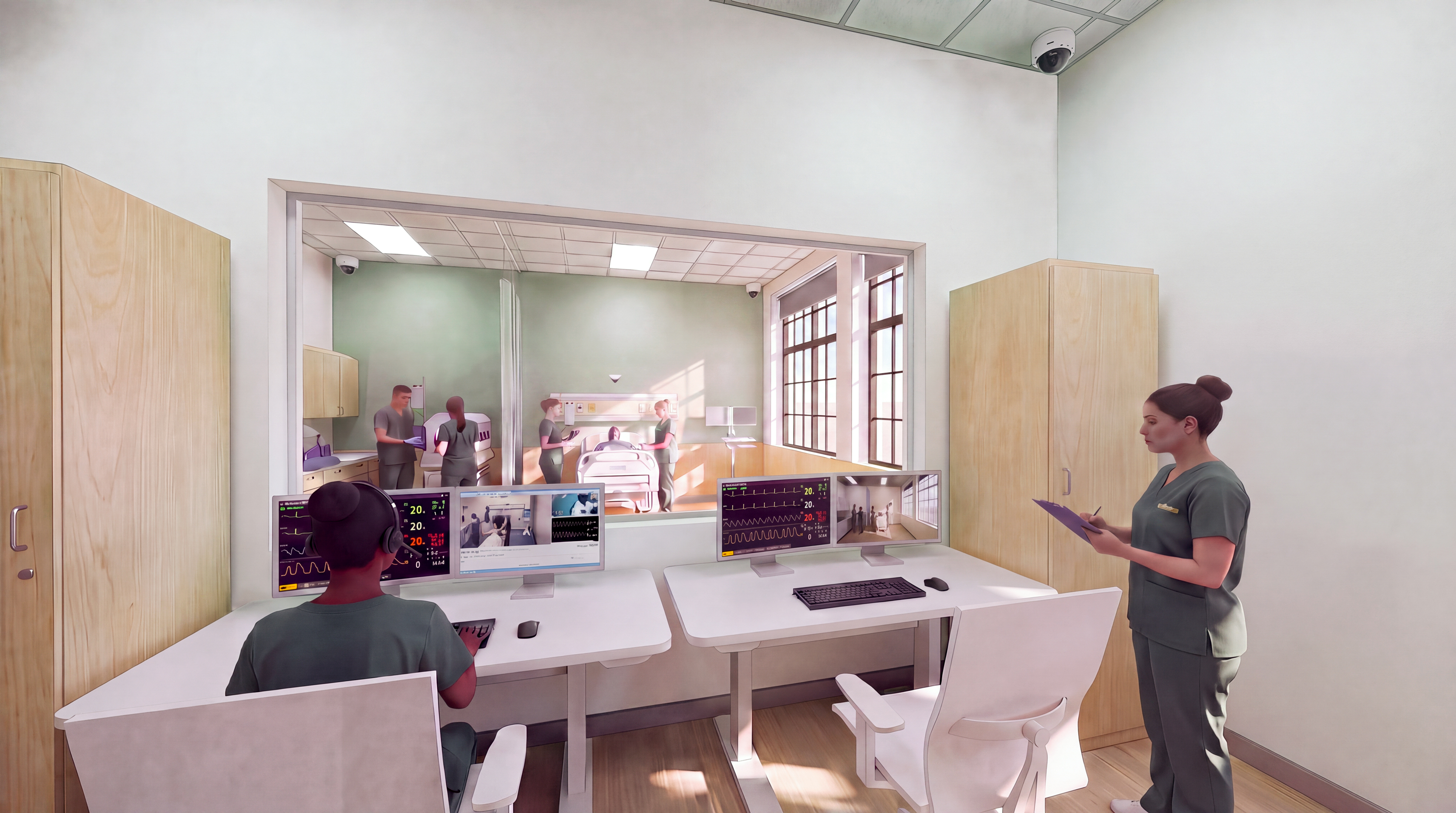 Rendering of a teachers observing students in a new simulation lab in the Health Education Hub