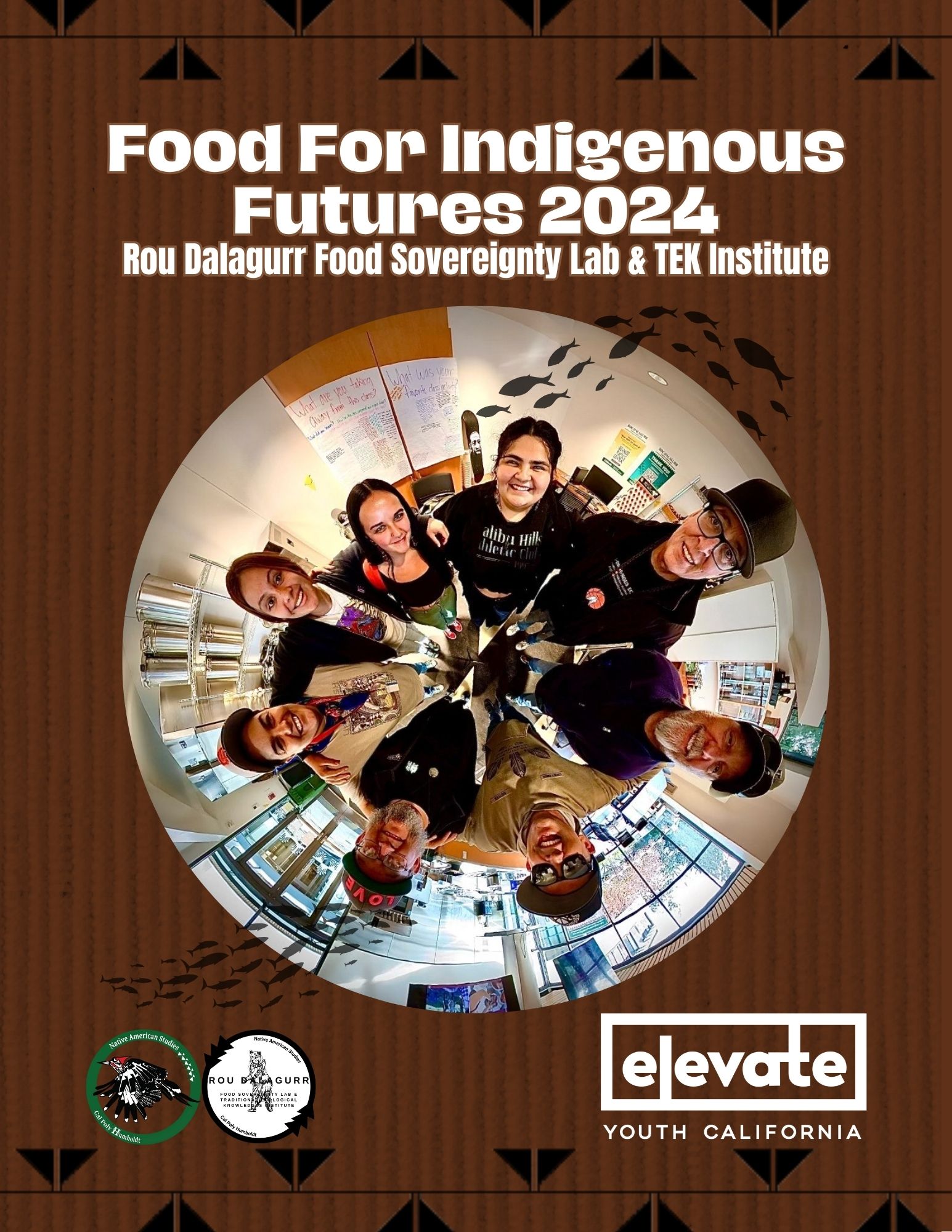 Cover of the Year 2 FIF Report: Fisheye lens shot of 8 individuals in a circle inside of the FSL