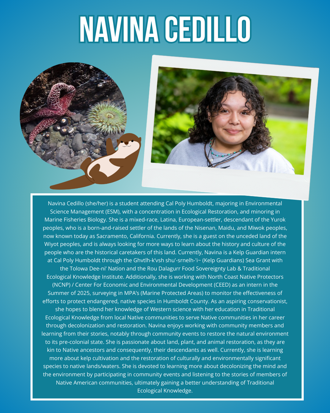 Navina Cedillo flyer (1 image of Navina and 1 image of a Sea star and Urchin in the water) All text below.
