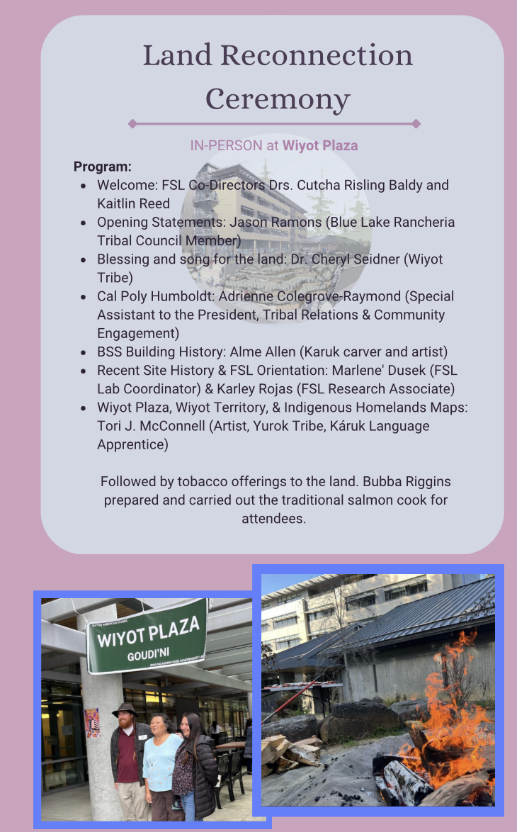 Flyer from the Land Reconnection Ceremony. Two photos at the bottom of fire burning in the Salmon Pit and some members of the Wiyot tribe under the Wiyot Plaza banner. Flyer has text for the in-person program from that days events.