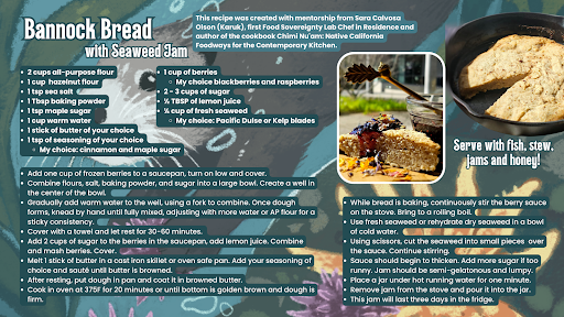 Bannock Bread and Seaweed Jam recipe postcard (all information will be below). Image of Bannock breaed and seaweed jam.