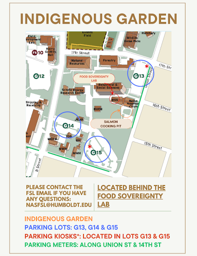 Map with directions to the FSL Indigenous Gard, Salmon Cooking Pit, and parking lots. All information below.