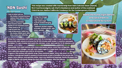 NDN Sushi recipe postcard (all information will be below). Image has two photos of NDN sushi.