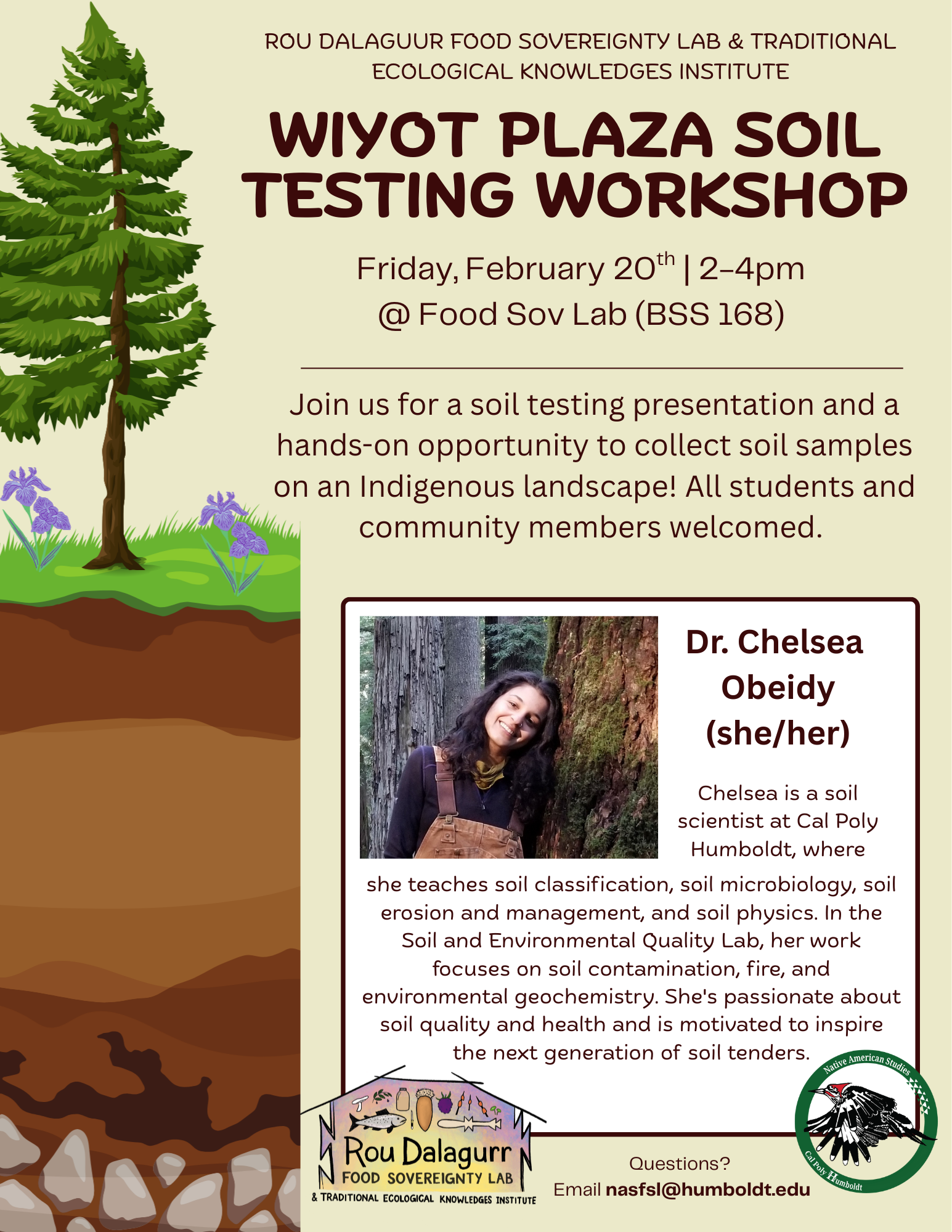 Flyer for the Wiyot Plaza Soil Testing Workshop. Image of Dr. Chelsea Oberidy, all information on flyer is below.