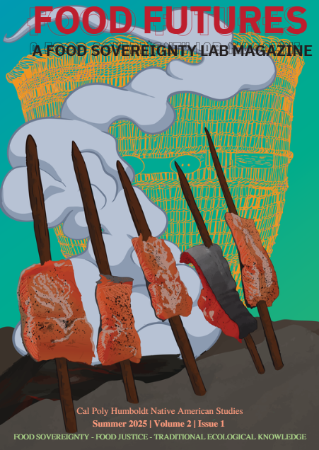 Front cover of the Food Futures Volume 2 Magazine. Illustration of salmon cooking on redwood pikes.