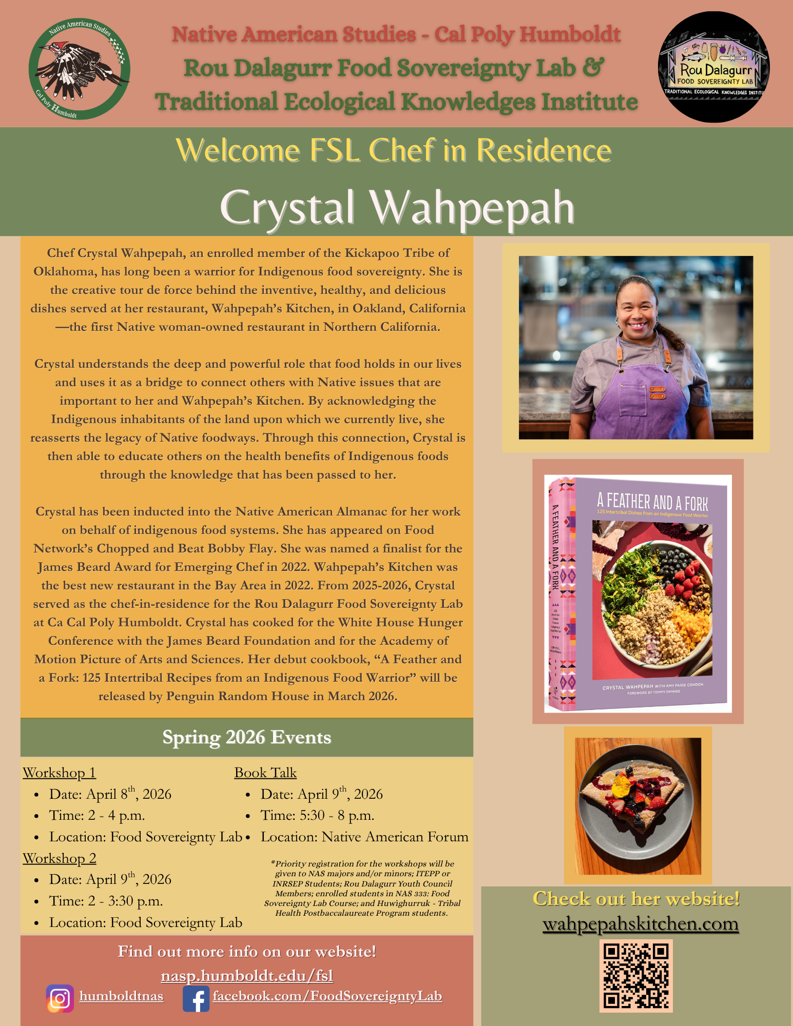 Flyer about the FSL's chef-in-residence, Crystal Wahpepah.