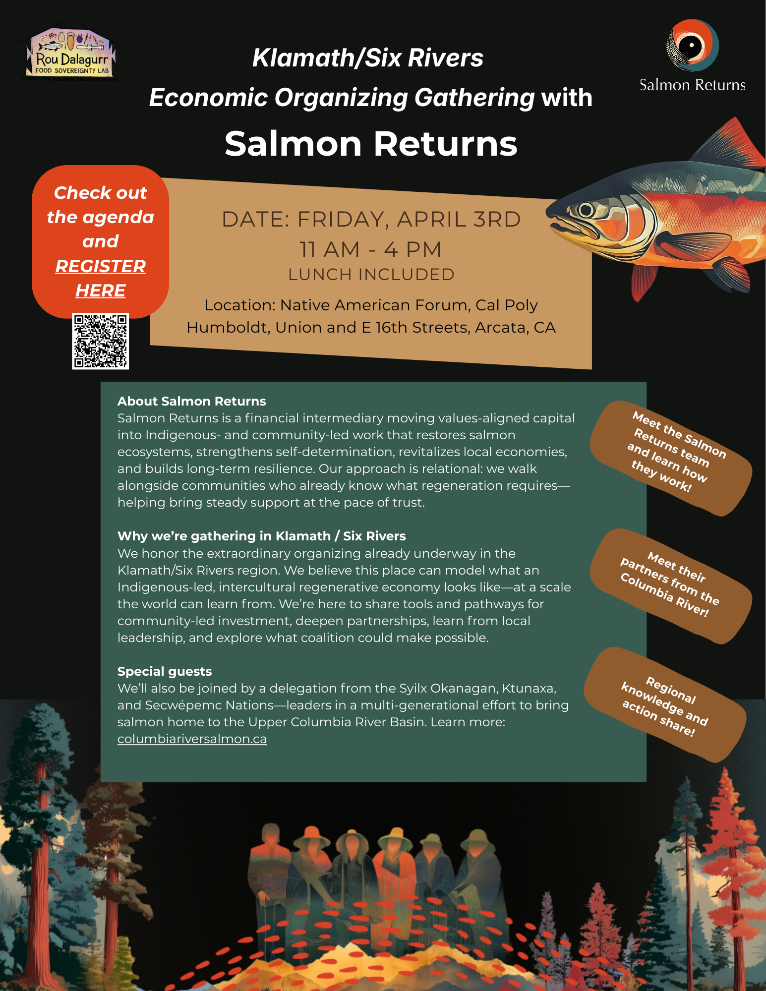 Salmon Returns Invitation- Flyer is a black background with people gathering at the bottom amongst trees, and a salmon in the upper right corner. Additional text included on flyer that explains Salmon Returns and their collaborative event with the Food Sovereignty Lab