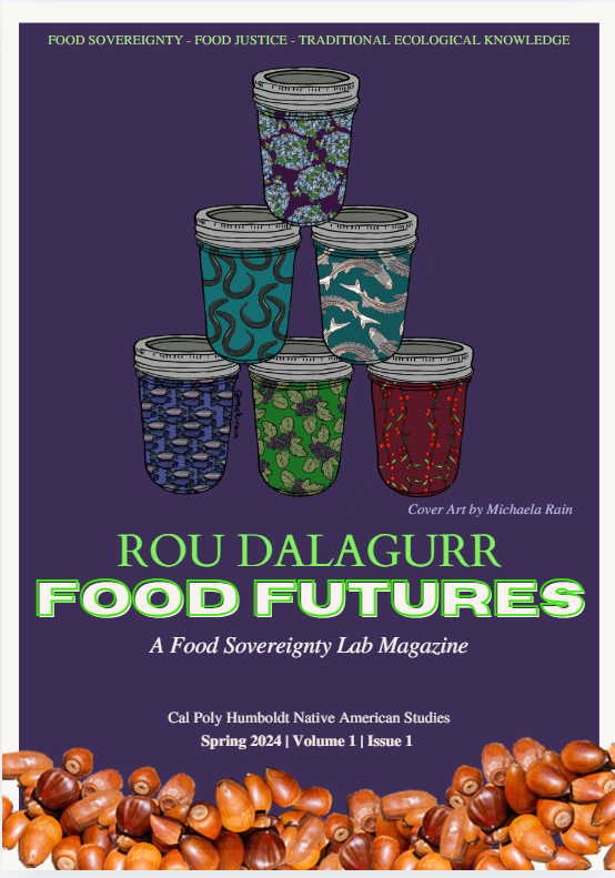 Front Cover of the Food Futures Volume 1 Magazine. Cover has a purple background with six jars stacked and acorns scattered along the bottom.