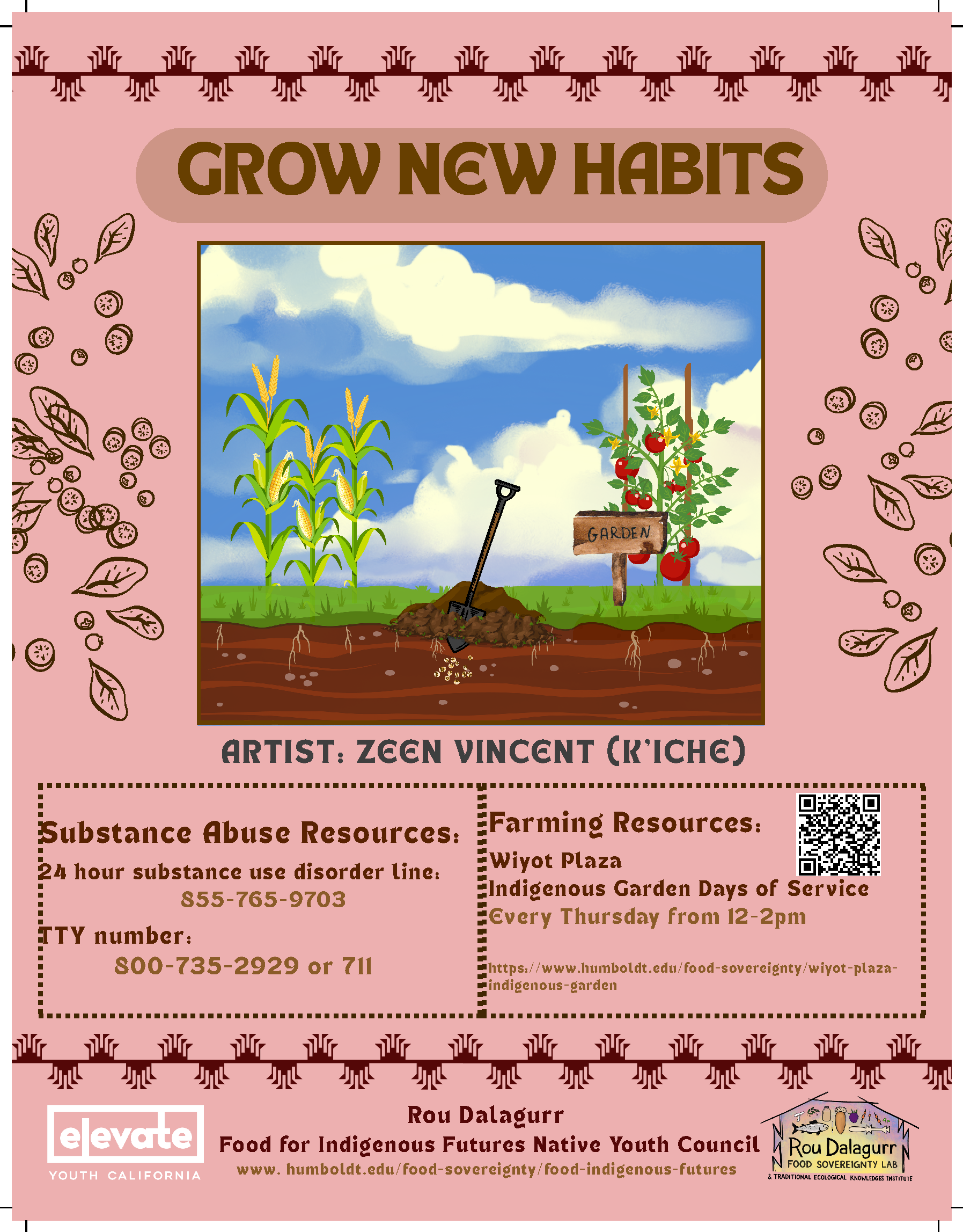 Pink poster with frog foot pattern across the top and bottom. Grow New Habits at the top of the page with an illustration of gardening. Info from flyer below.