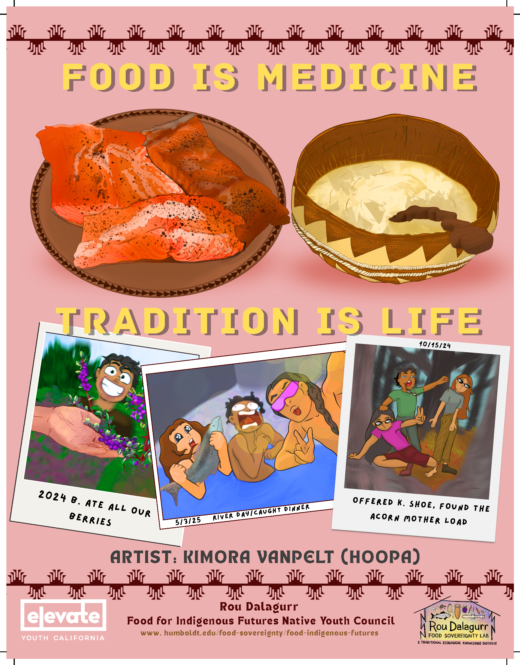 Pink poster with illustrations: salmon on a plate and soup being mixed in a basket. 3 other illustrations of Youth council members doing activites.