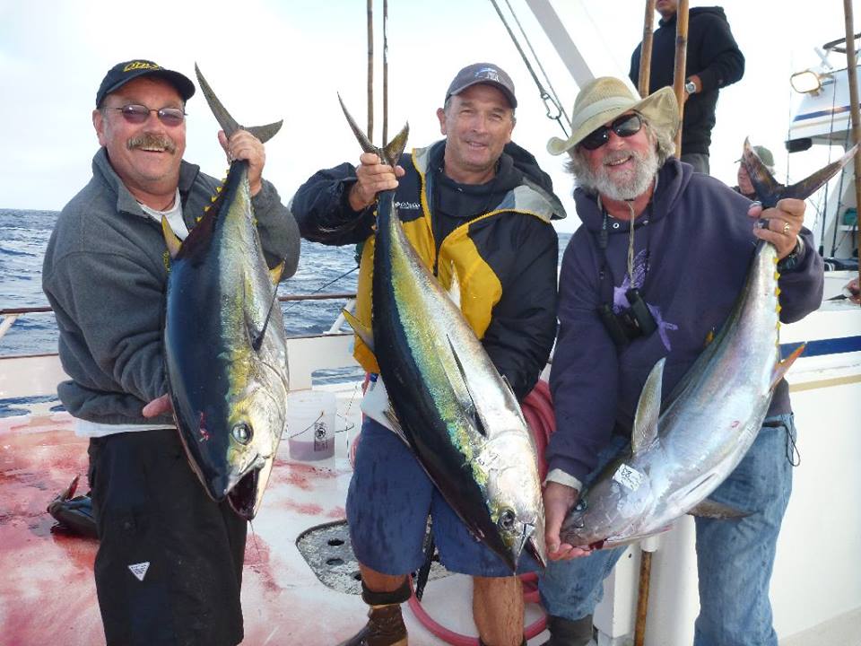 A photo of Ben Meyer ('78, Fisheries Biology), Craig Heberer ('89, Fisheries Biology), and Professor Emeritus Terry Roelofs with their catch during a Humboldt Fishin' Lumberjacks fishing trip.