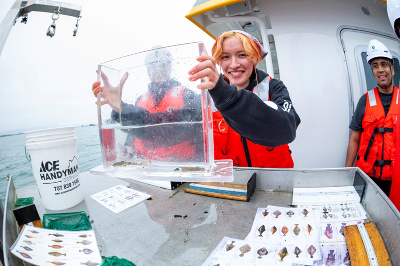 Three fisheries students on a boat holding up a sample of water with a small fish in it.