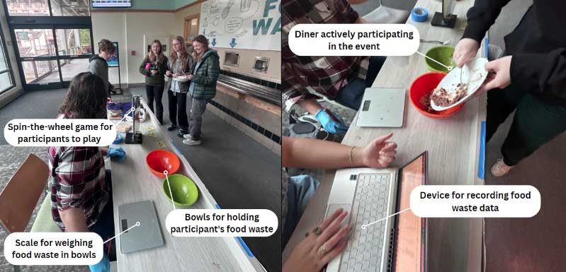 Pictures of the table from a Weigh the Waste event, the photo shows the setup of the event, an area for weighing food waste, and an area for participating in a spin-the-wheel game
