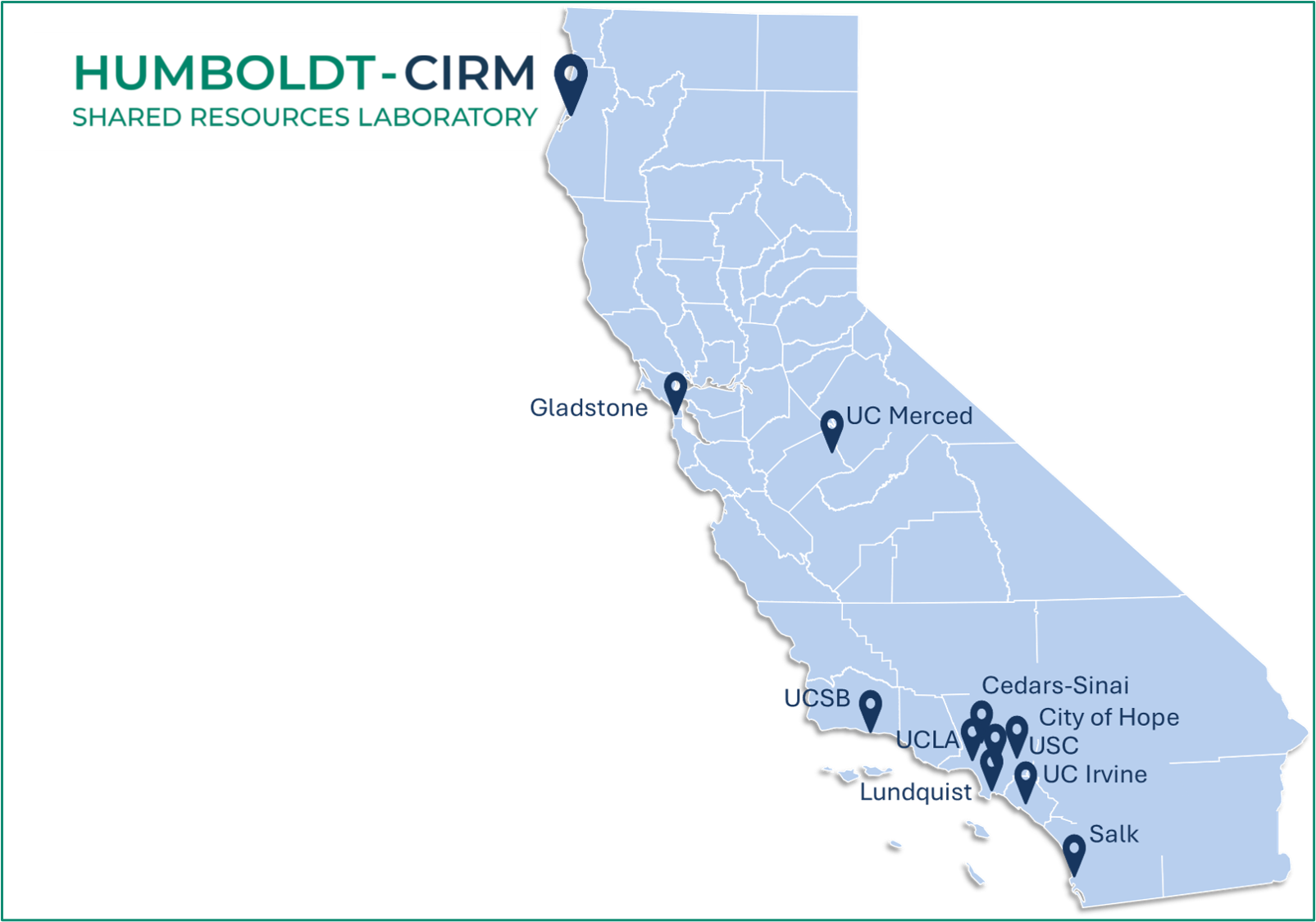 a map of california with 11 CIRM SRLs pinpointed on the map